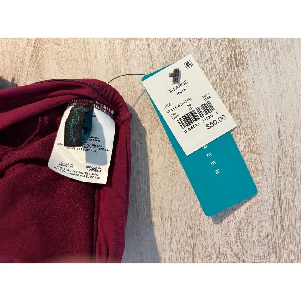 Aqua Green One Piece Swimsuit Womens XL 16/18 Burgundy‎ Ruched asymmetrical